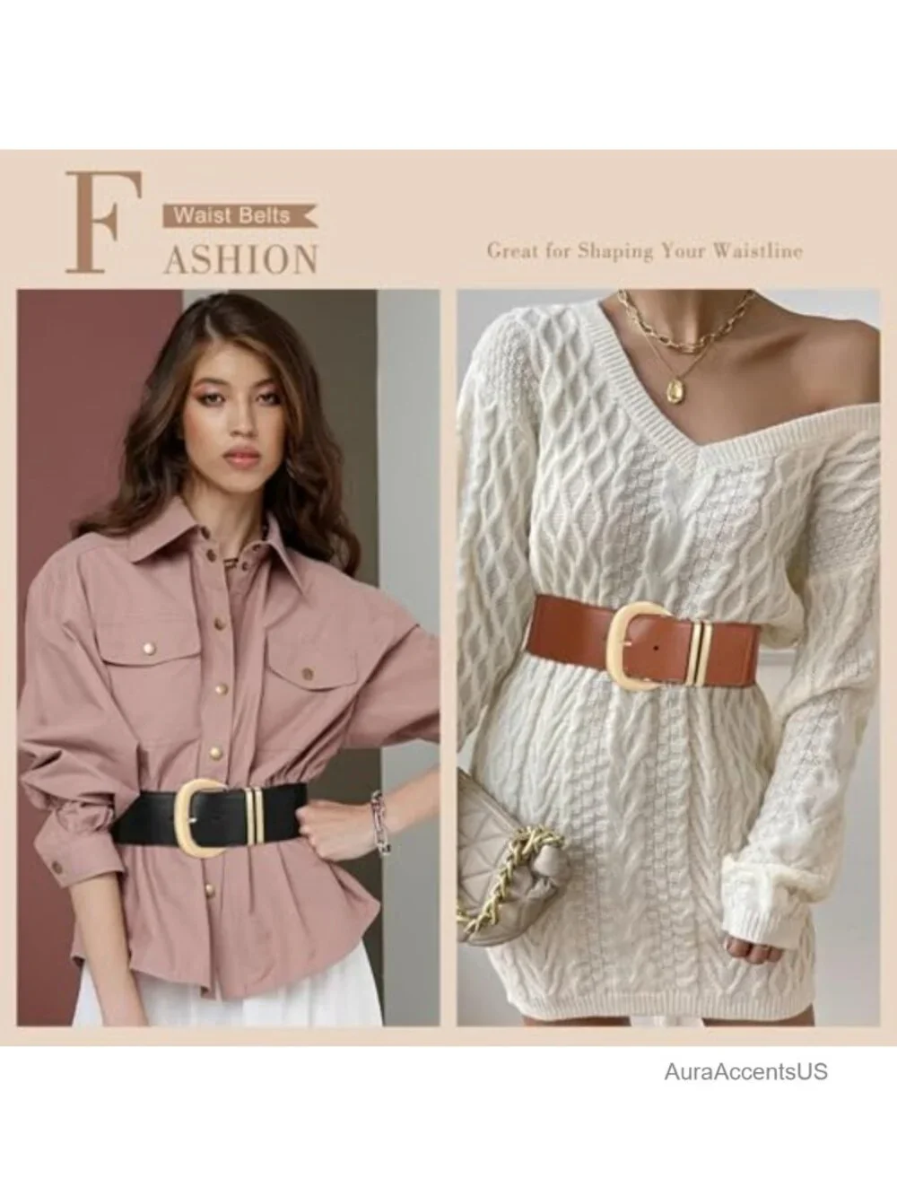 Wide Elastic Belt for Dresses with Gold Buckle Stretchy PU Leather Waistband